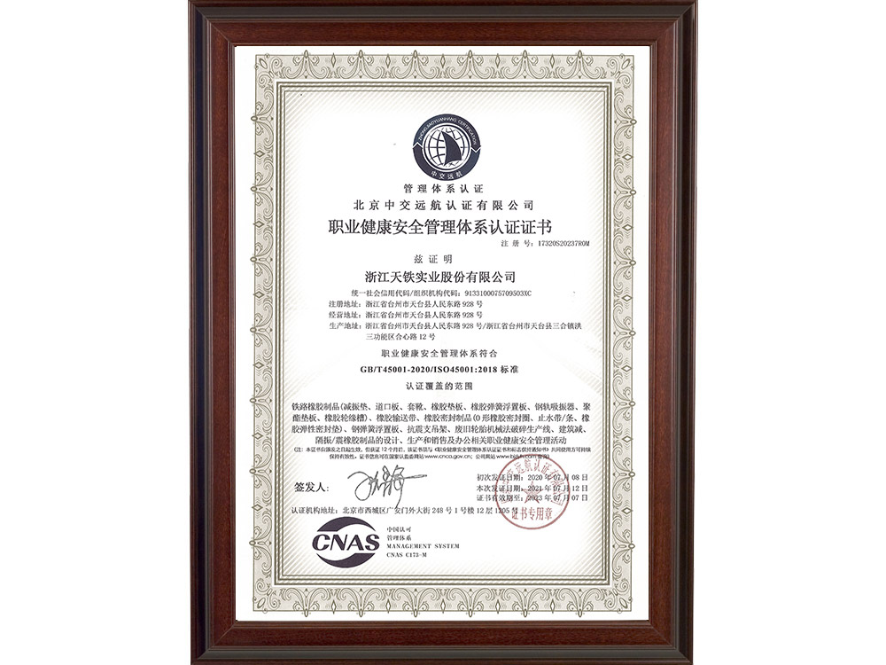 Z221 职业健康安全管理体系认证证书